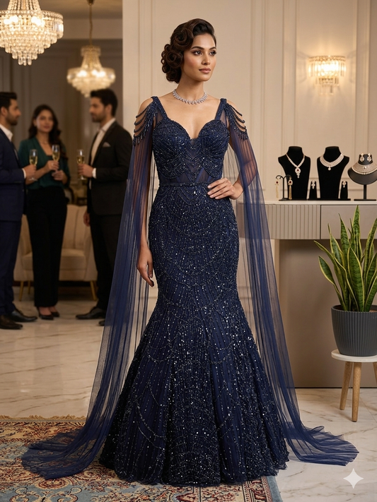 Midnight Sapphire Beaded Gown with Trail Capes