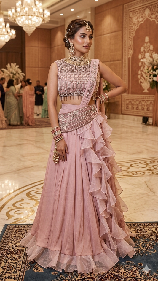 Rose Quartz Ruffled Pre-Draped Lehenga Saree Set