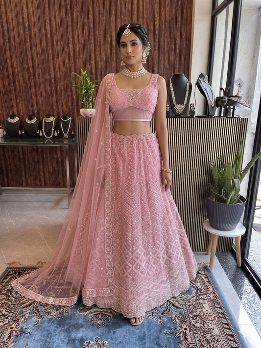 Blush Rose Chikankari & Sequinned Georgette Lehenga Set