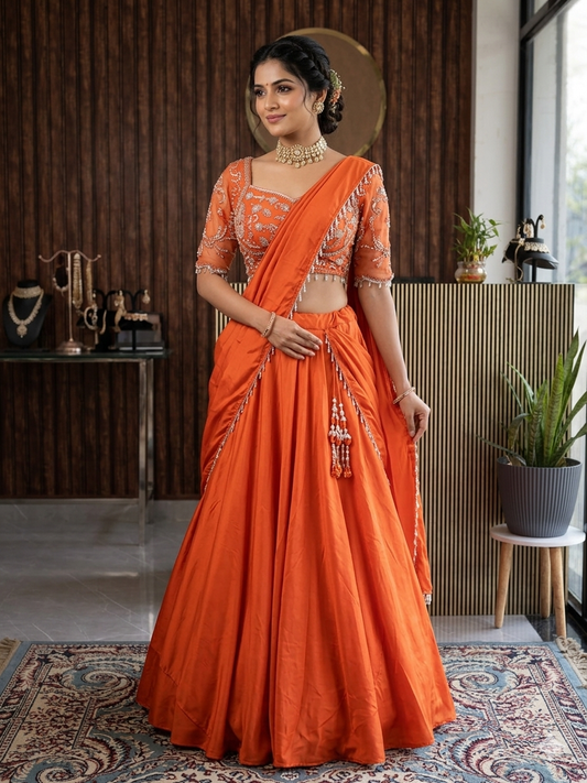 Tangerine Glow Pre-Draped Saree Lehenga Set