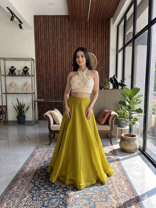 Olive Chartreuse Silk Lehenga with Pearl Halter Neck Bustier