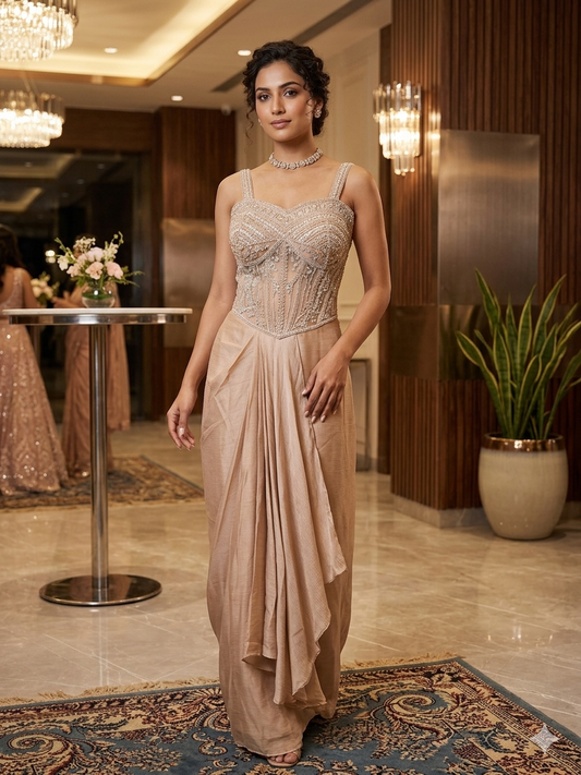 Champagne Shimmer Pearl Corset Draped Dress