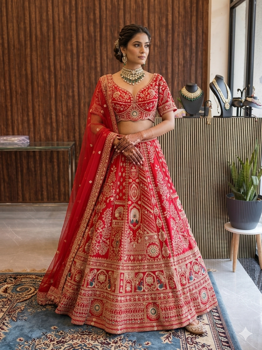 Crimson Heritage Zari Embroidered Bridal Lehenga Set
