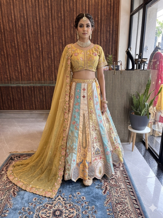 Mustard & Pastel Blue Embroidered Silk Lehenga Set