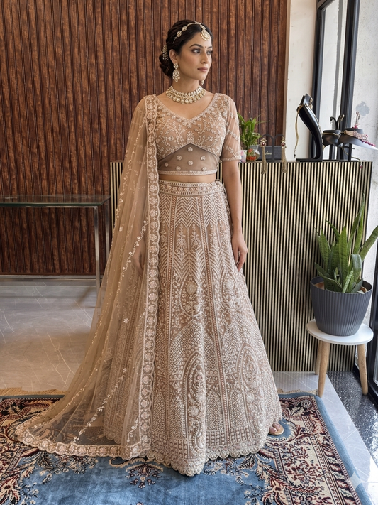 Almond Beige Chikankari & Embroidered Georgette Lehenga Set