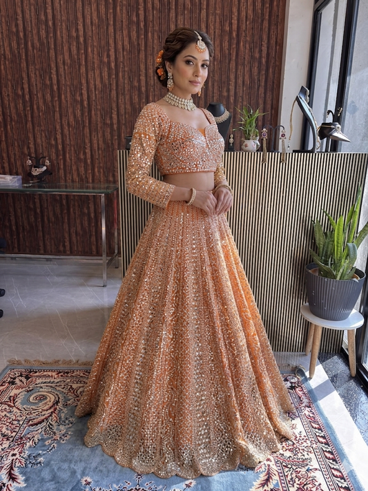 Peach Amber Mirror Work & Sequinned Georgette Lehenga Set