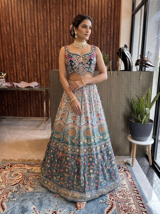 Prussian Blue & Multi-Pastel Heritage Embroidered Lehenga Set