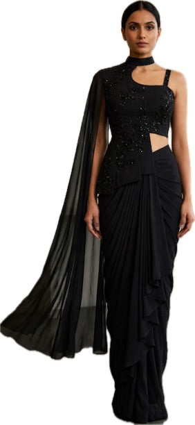 Midnight Onyx Asymmetric Pre-Draped Saree Set