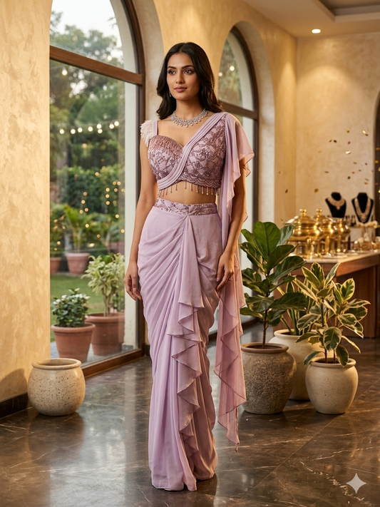 Lavender Mist Ruffled Pre-Draped Saree Set