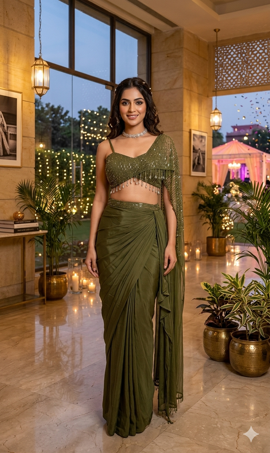 Olive Horizon Pre-Draped Satin Saree Set