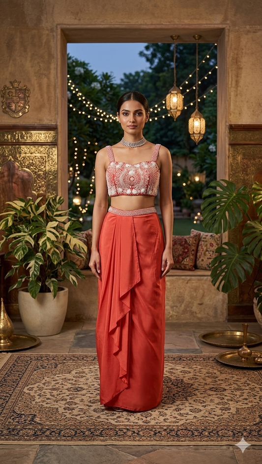 Coral Sunset Pearl-Embellished Draped Saree Set