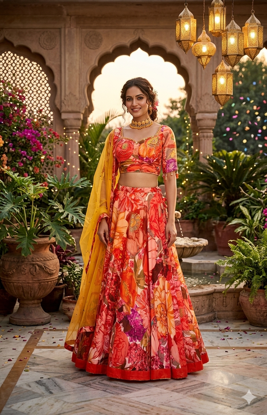 Sunset Bloom Multi-Color Printed Silk Lehenga Set