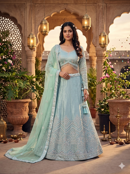 Aqua Marine Embroidered Silk Lehenga with Fringe Blouse