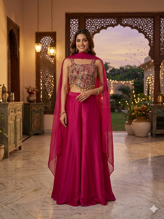 Fuchsia Silk Sharara Set with Mosaic Embroidered Bustier