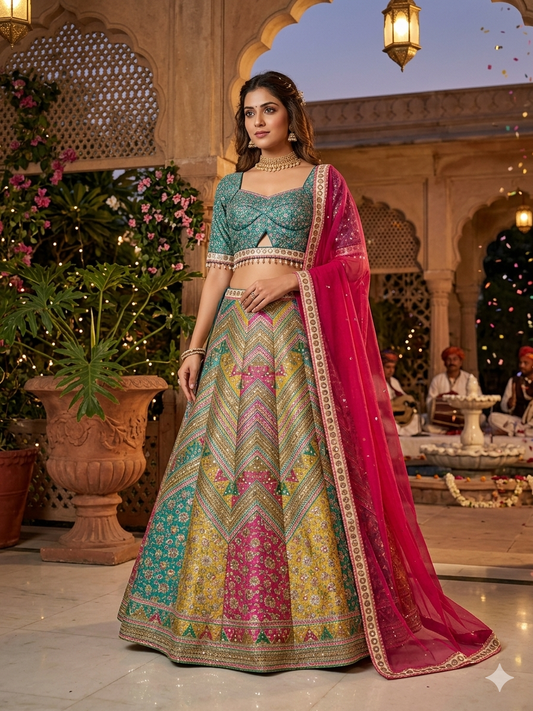 Teal & Magenta Chevron Heritage Brocade Lehenga Set