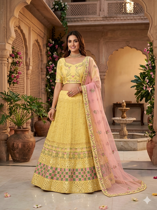 Canary Yellow Georgette Chikankari Lehenga Set
