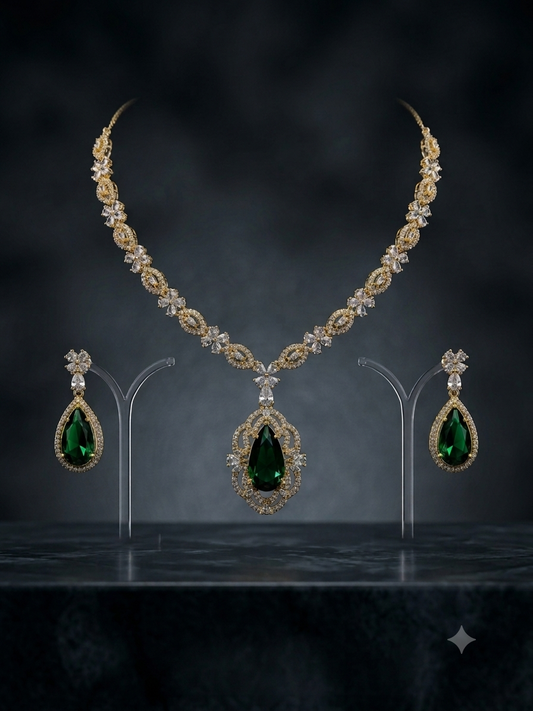Emerald Halo Pendant Necklace Set