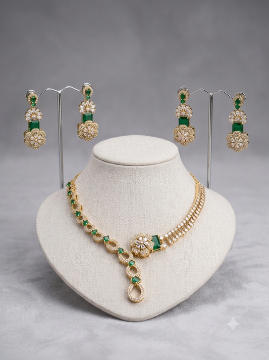 Pearl Emerald Floral Necklace Set